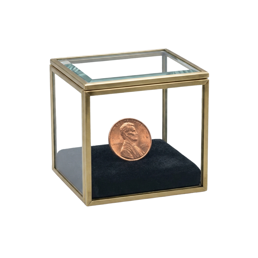 A small gold-framed display case with a clear lid containing a single copper-colored penny on a black cushion.