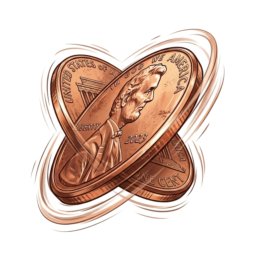 Two copper-colored pennies arranged in a heart shape with a 2023 date.