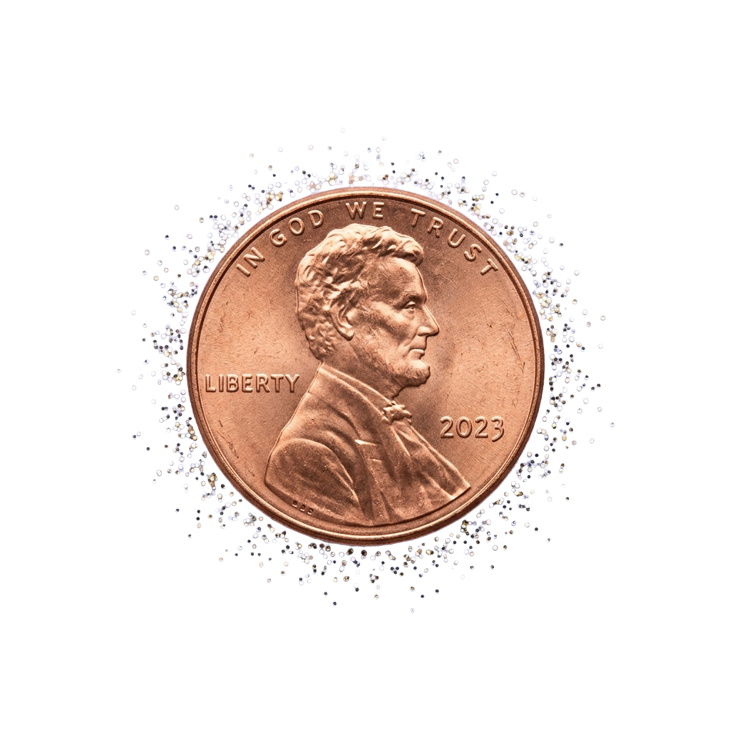 A 2023 copper-colored penny featuring a profile of a man with the words In God We Trust and Liberty visible, surrounded by a sparkle effect