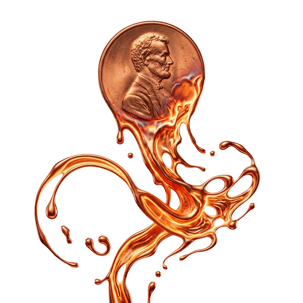A copper coin portrait with a molten metal effect resembling dripping liquid around it