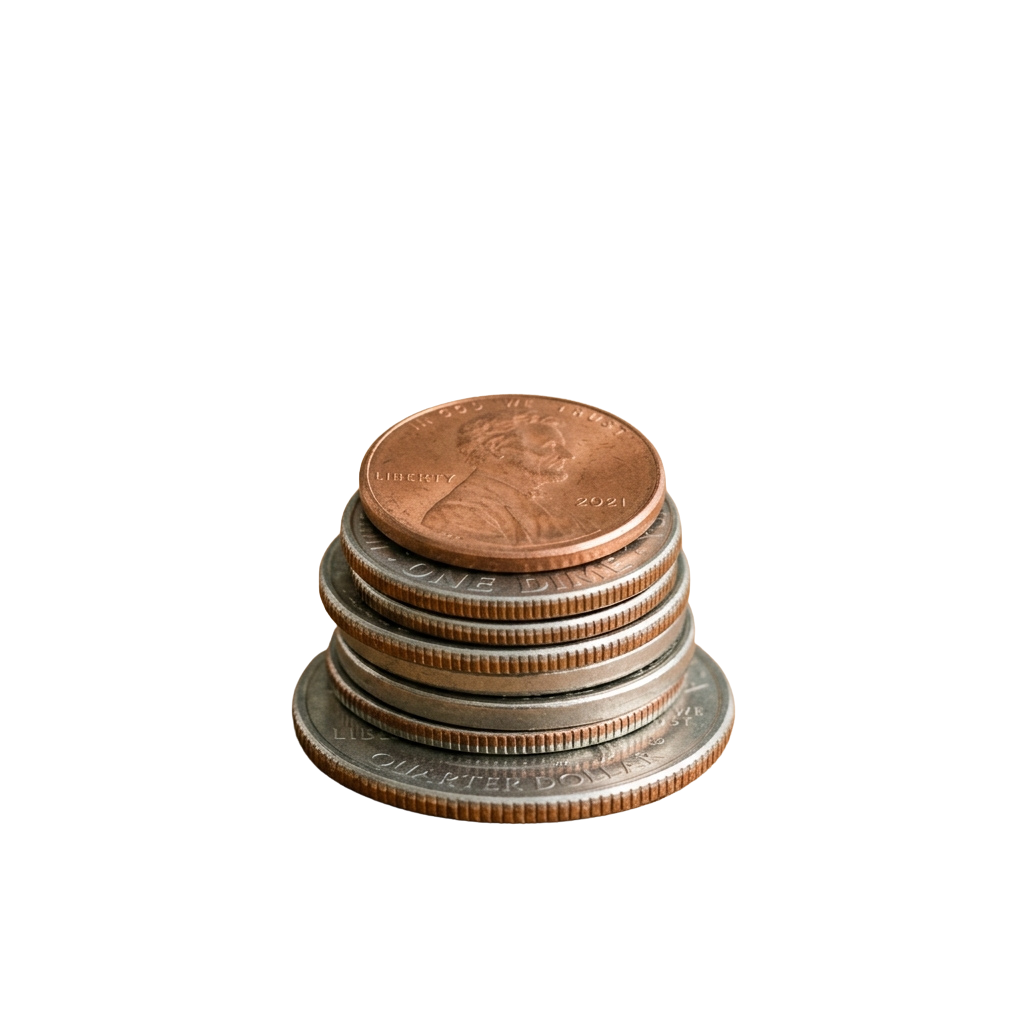 A stack of US coins including a penny, dime, and quarter.