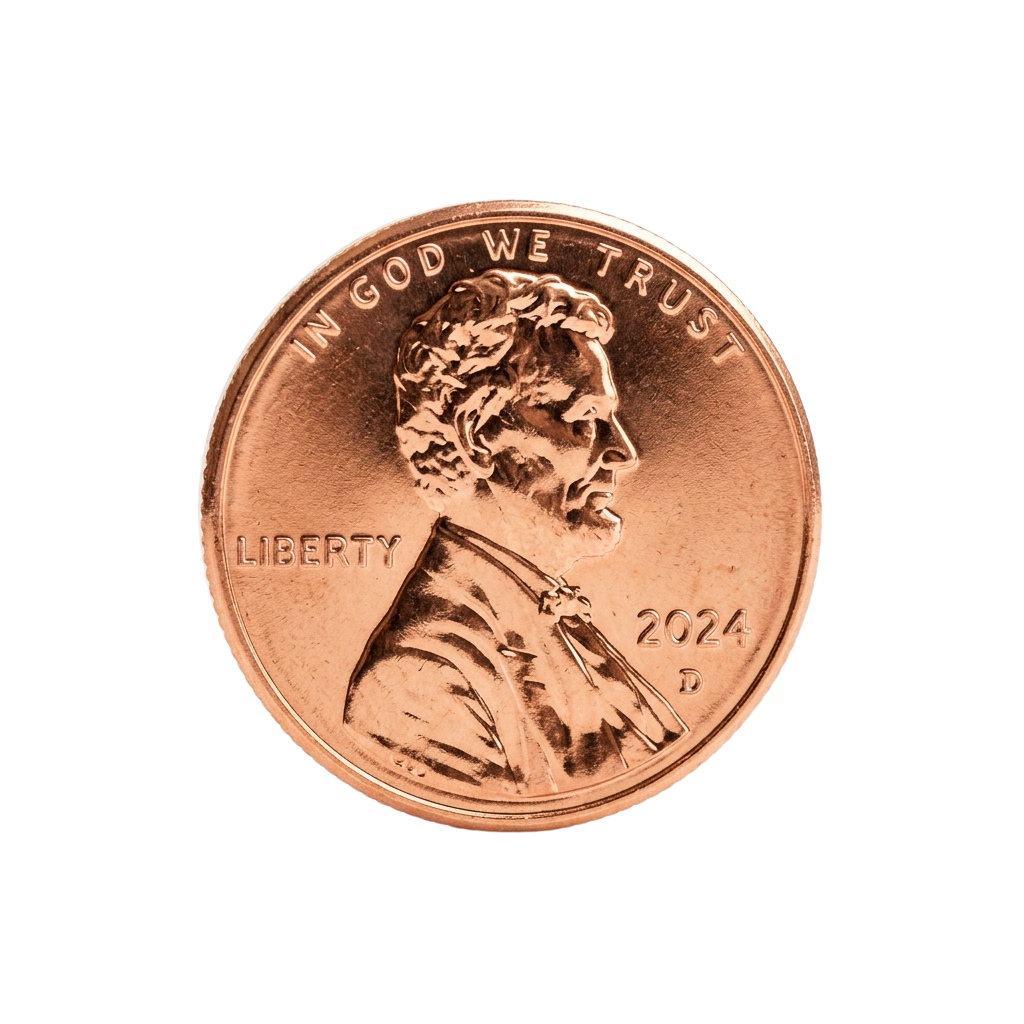 A copper-colored penny featuring a profile of Abraham Lincoln, the word Liberty, and the year 2024.
