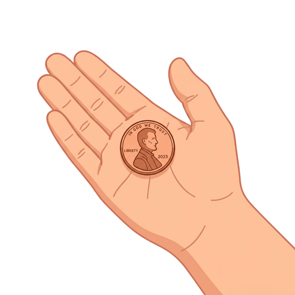 Illustration of an open hand with a penny placed on the palm showing In God We Trust and Liberty