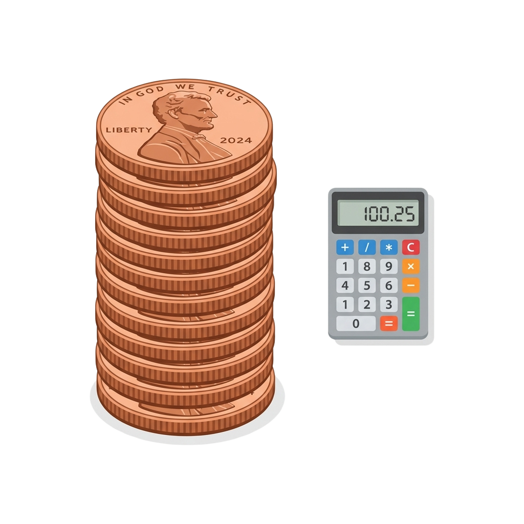 A stack of pennies with a calculator displaying 100.25 next to it