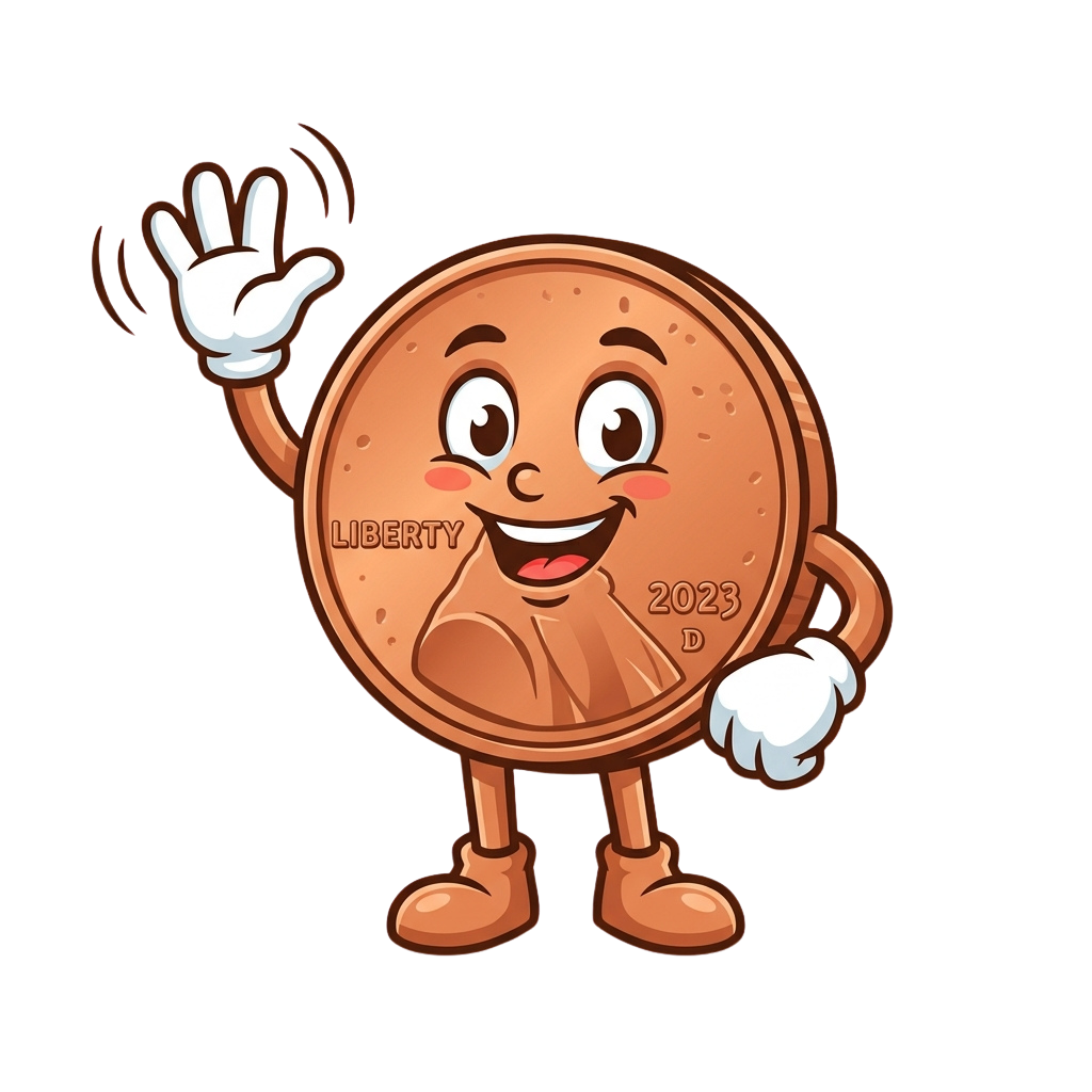 A smiling copper penny with arms and legs waving one hand cheerfully against a black background