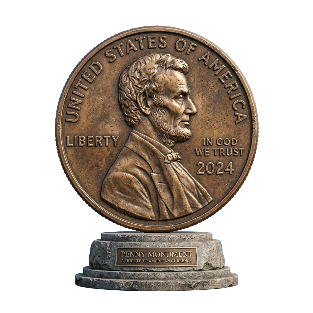 Large bronze penny monument featuring a profile of Abraham Lincoln, labeled as a tribute to American currency.