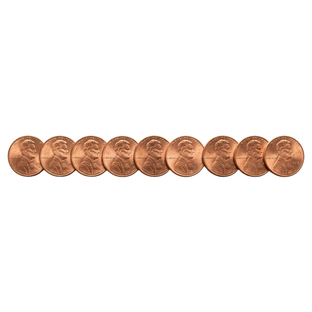 Ten copper-colored Lincoln pennies aligned horizontally against a dark background