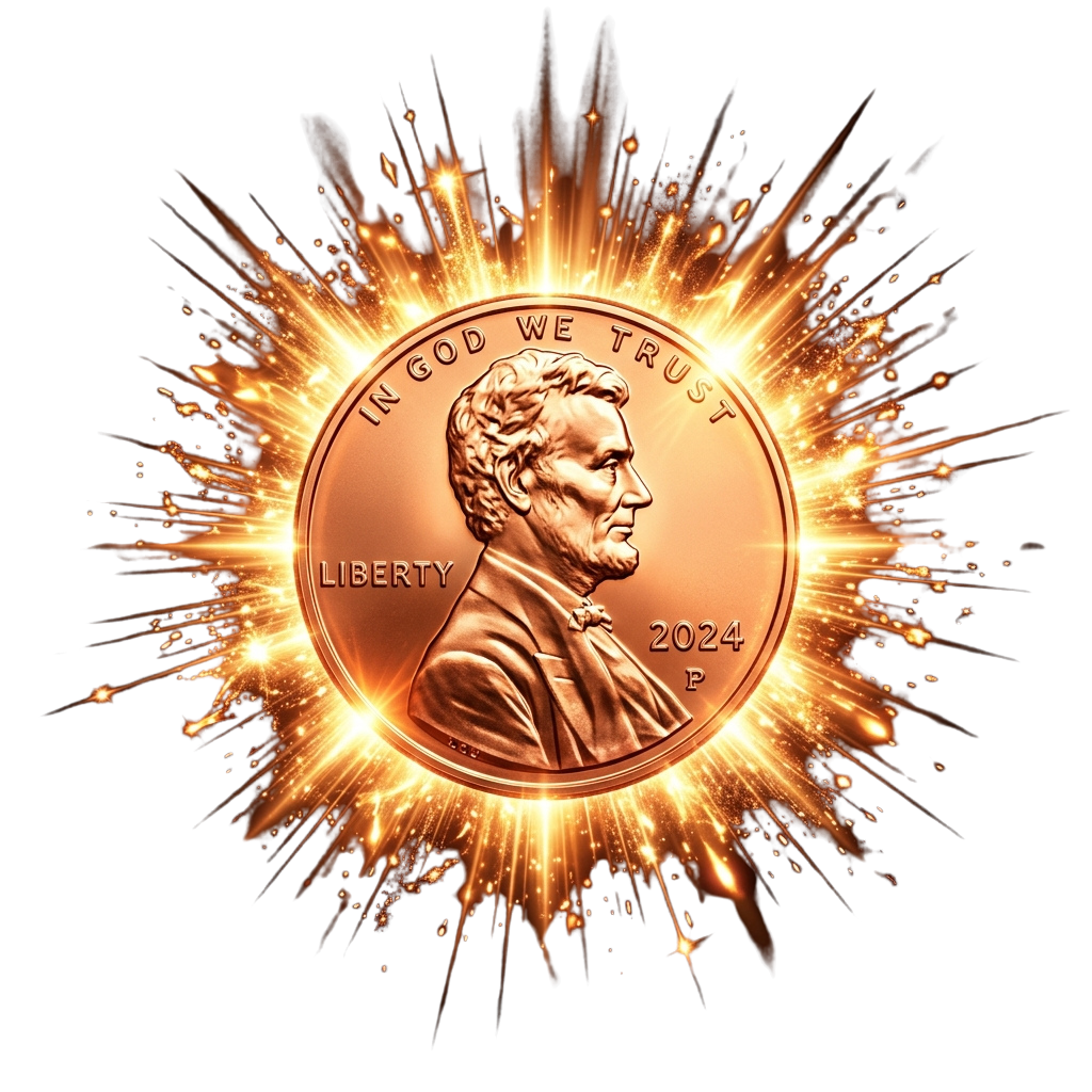 A glowing copper penny with Lincoln portrait and year 2024 exploding with bright light rays