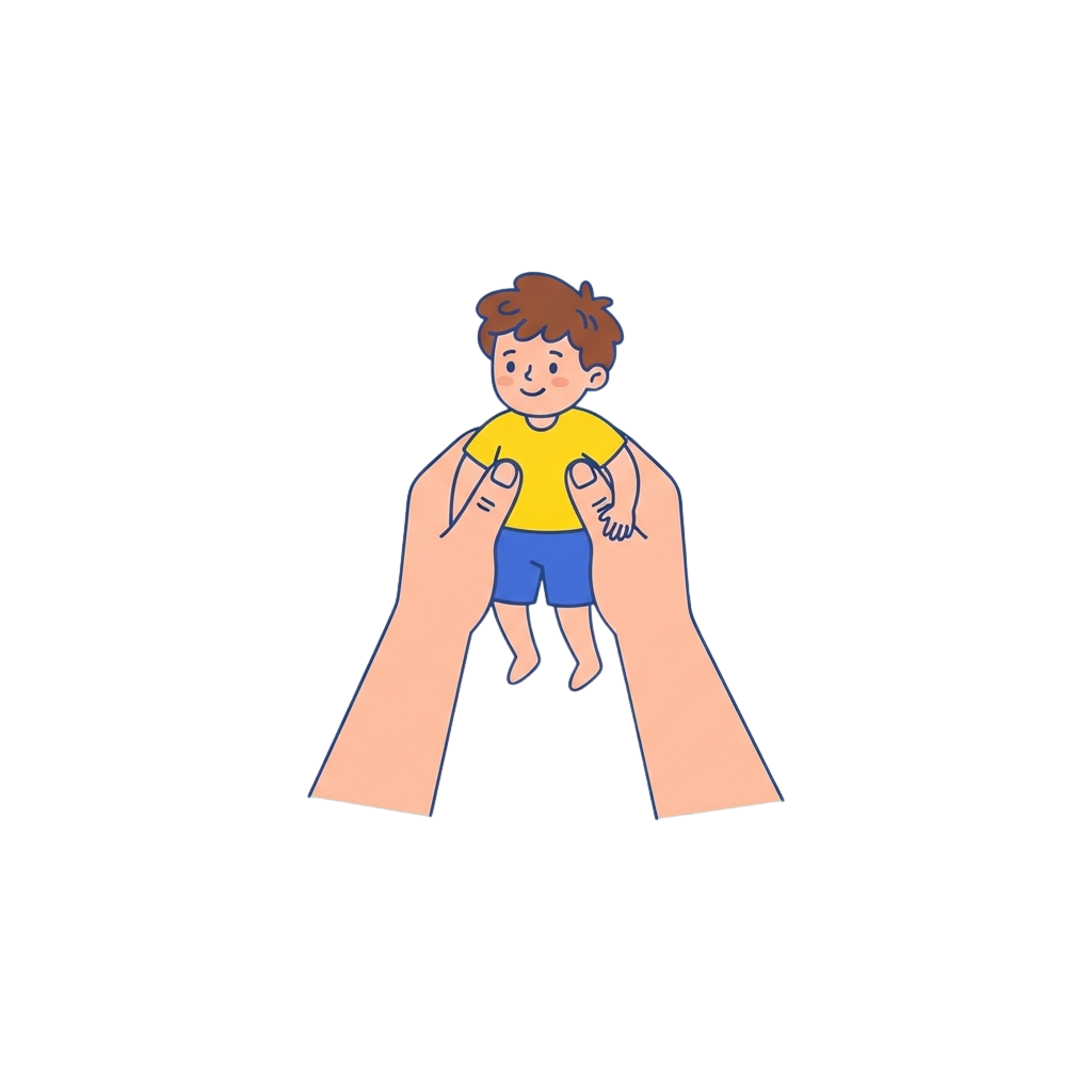 Illustration of a smiling child being lifted up by two supportive adult hands