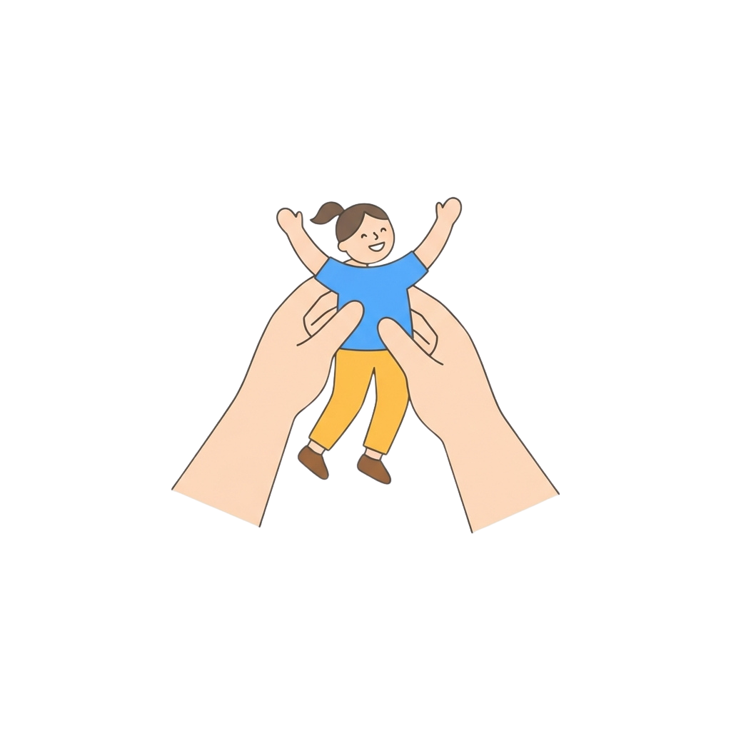Illustration of a smiling child being lifted up by two adult hands with arms raised joyfully