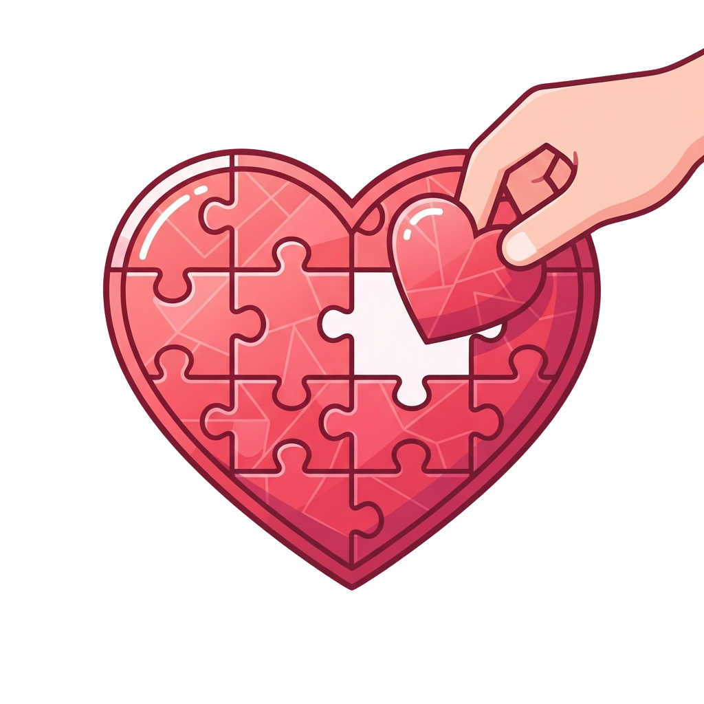 A hand placing a small heart-shaped puzzle piece into a larger heart puzzle
