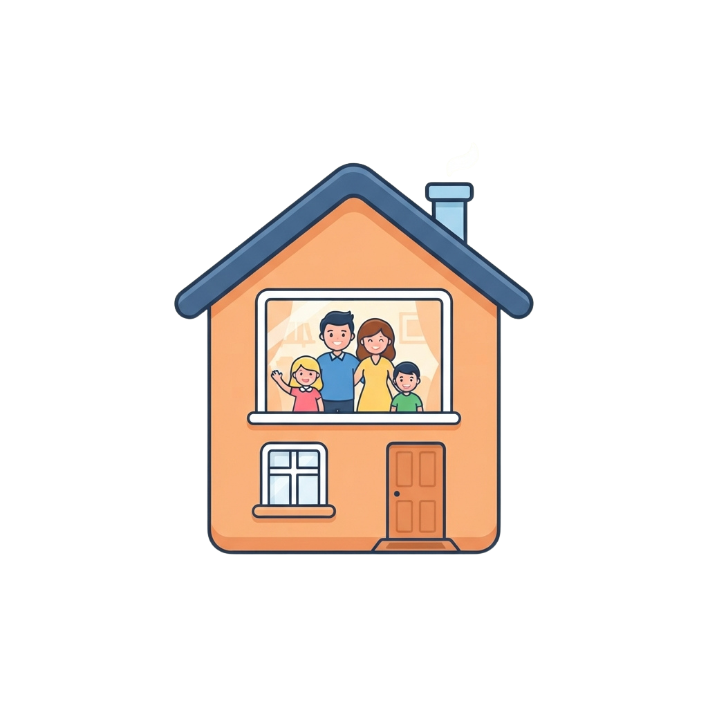 Illustration of a family waving from a house window with a chimney and door visible