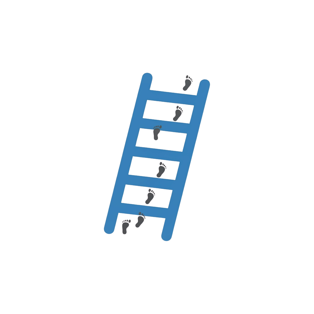 Illustration of a blue ladder with footprints ascending each rung against a black background