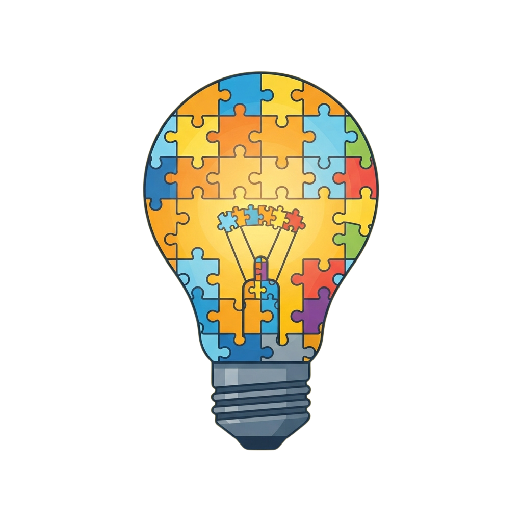 A lightbulb made of colorful puzzle pieces symbolizing creativity and ideas