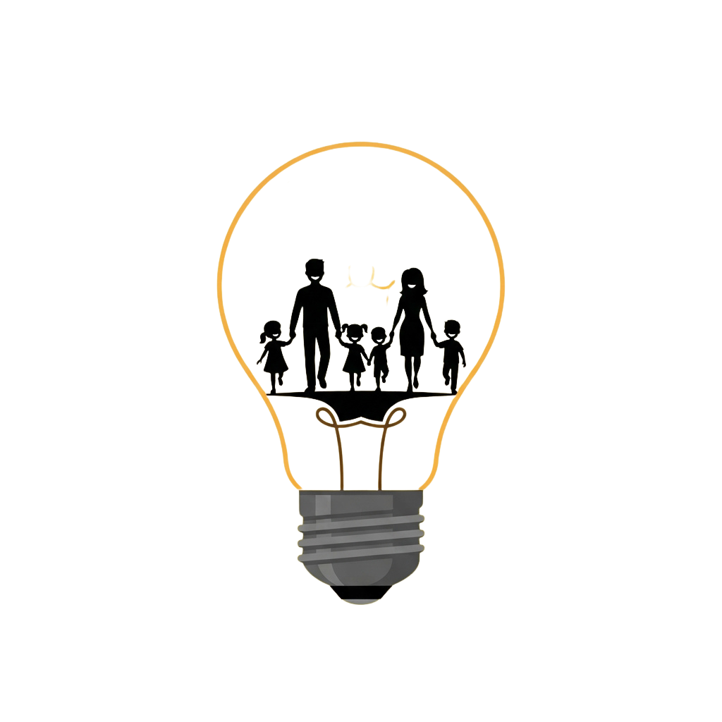 A lightbulb with an illustration of a family and children inside, glowing softly.