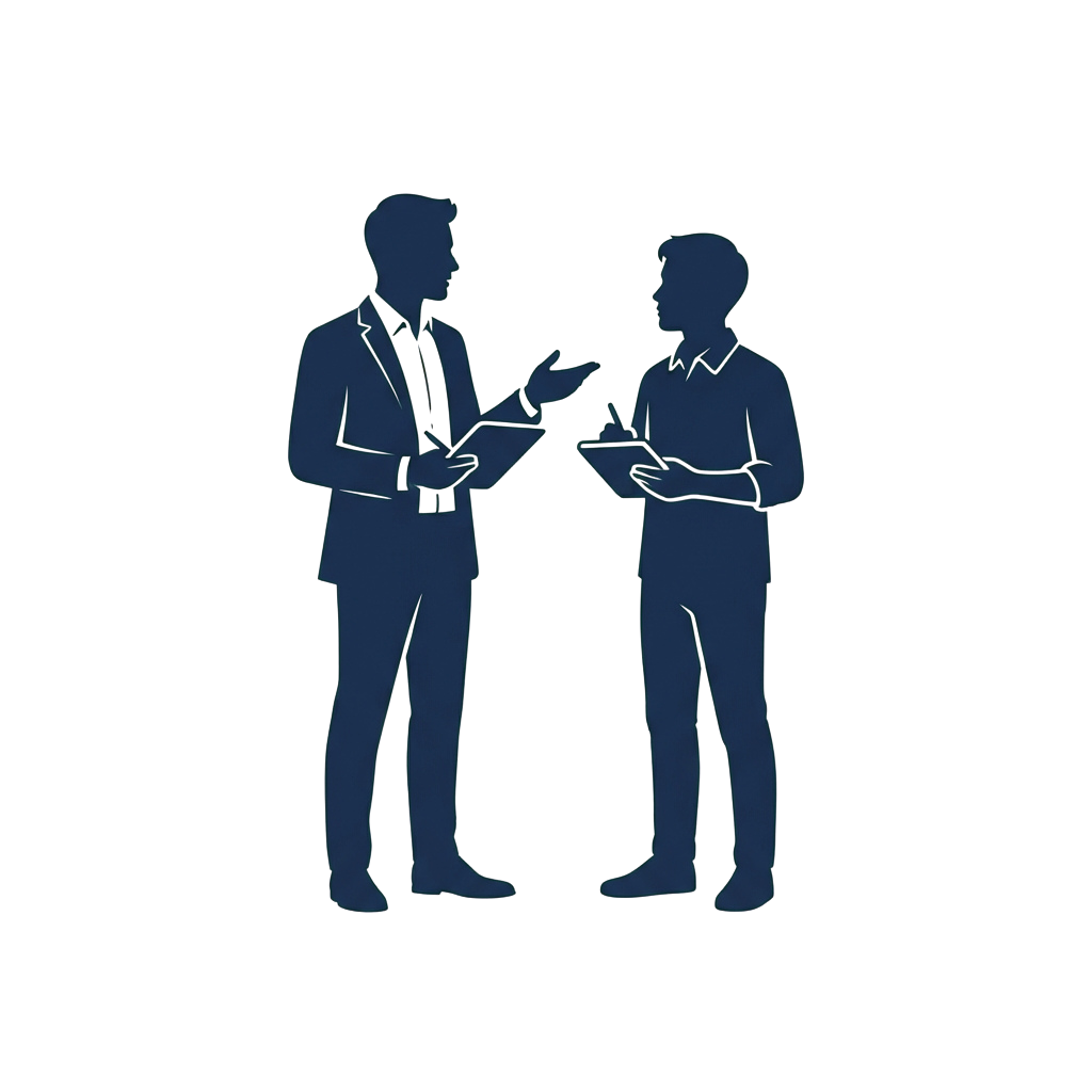 Two businesspeople in formal attire discussing while holding notebooks and papers