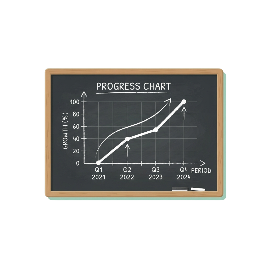 Blackboard showing a progress chart with growth percentages from Q1 2021 to Q4 2024