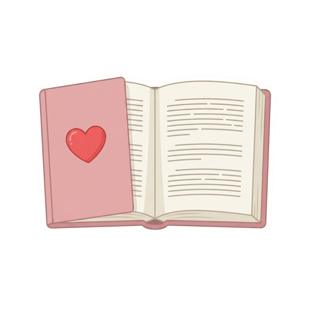An open book with a pink cover featuring a red heart sticker and blank pages inside