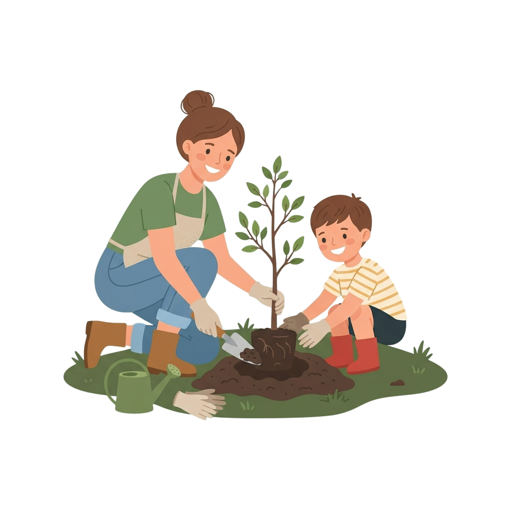 An adult and a child planting a small tree in soil with gardening tools nearby.