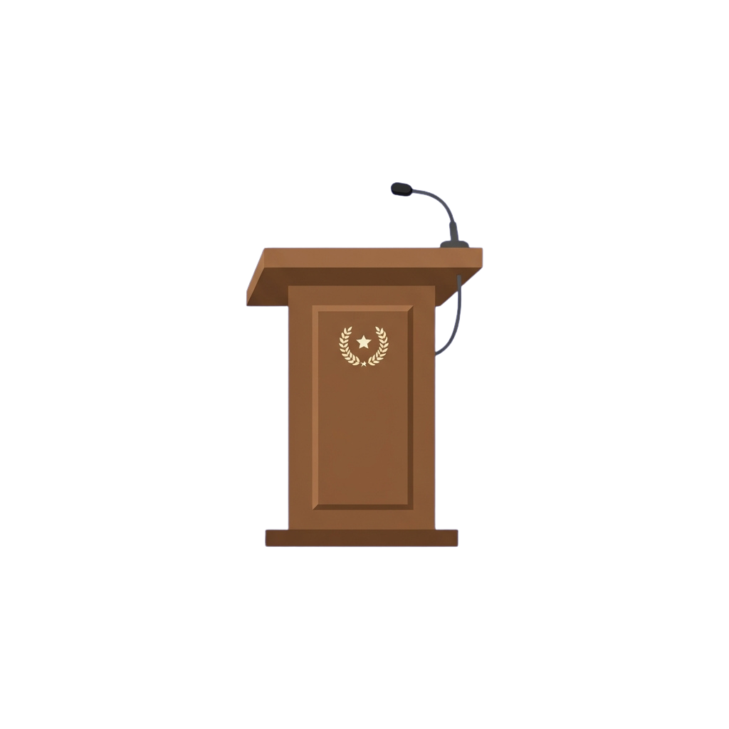 A brown podium with a microphone stand and a laurel wreath emblem in the center