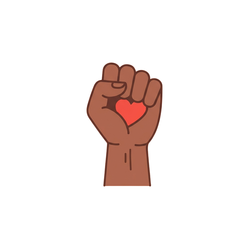 A closed fist with a red heart symbol in the center, representing solidarity and love