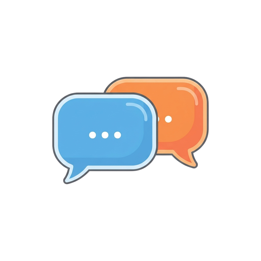 Two overlapping speech bubbles, one blue and one orange, representing a conversation.
