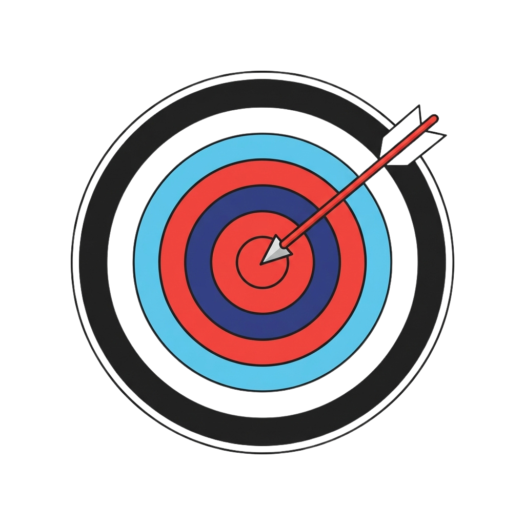 A red arrow accurately hits the blue ring of a multi-colored target with concentric circles in red, blue, and white