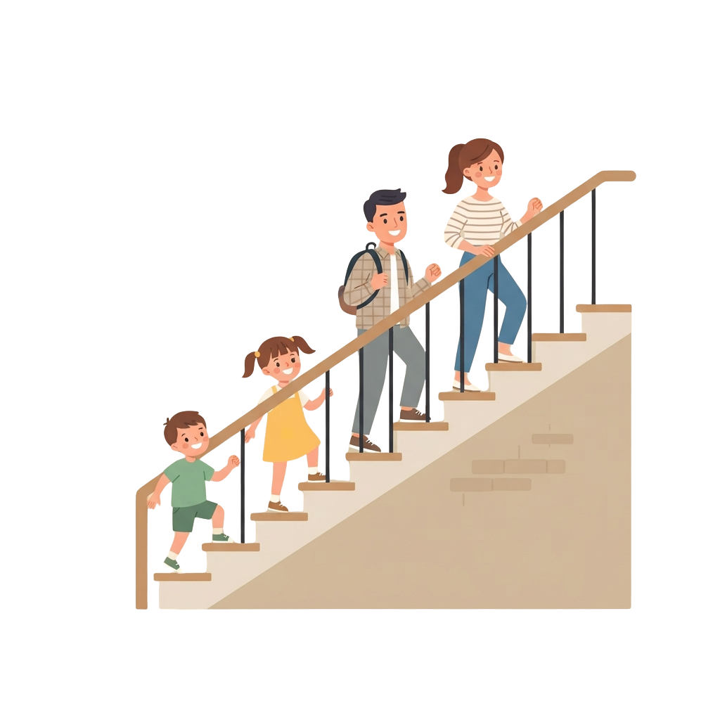 Illustration of four people ascending a staircase, including two adults and two children holding the handrail