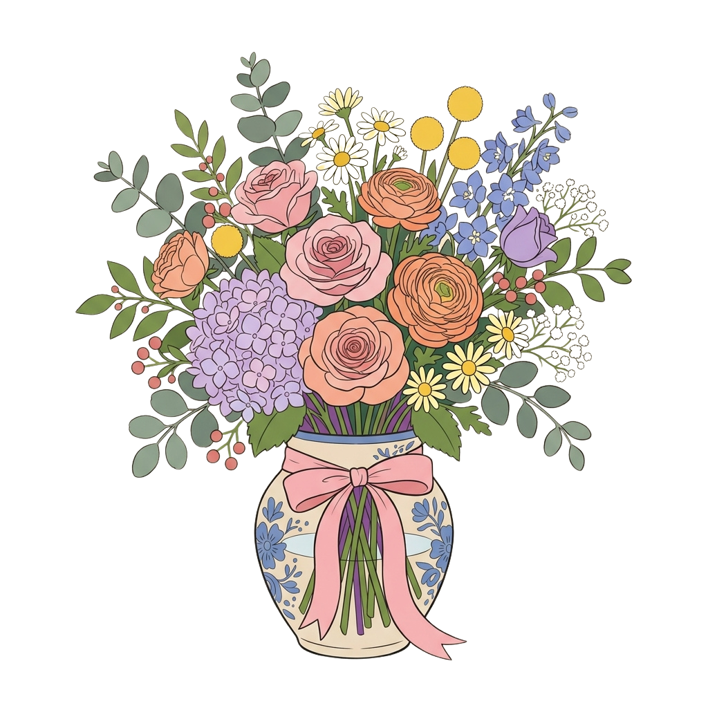 A vibrant bouquet of flowers including roses, daisies, and hydrangeas in a decorative ceramic vase tied with a pink ribbon.