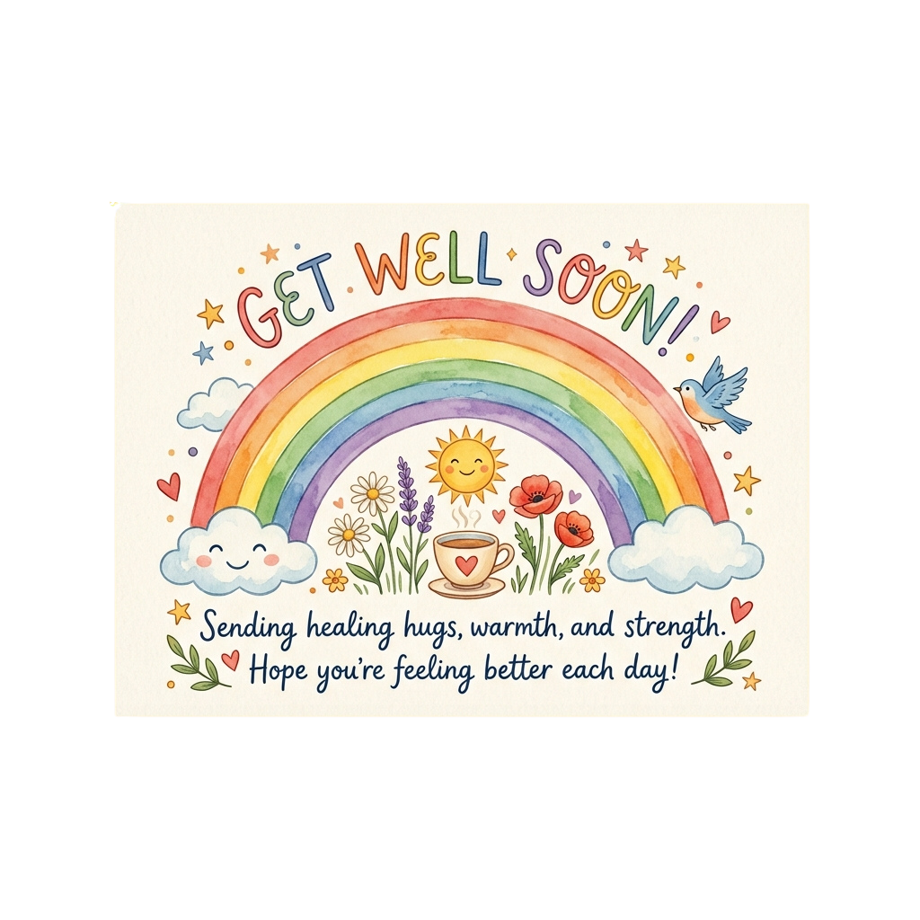 Colorful get well soon card featuring a rainbow, flowers, a cup of tea, and a smiling sun with clouds and a bird