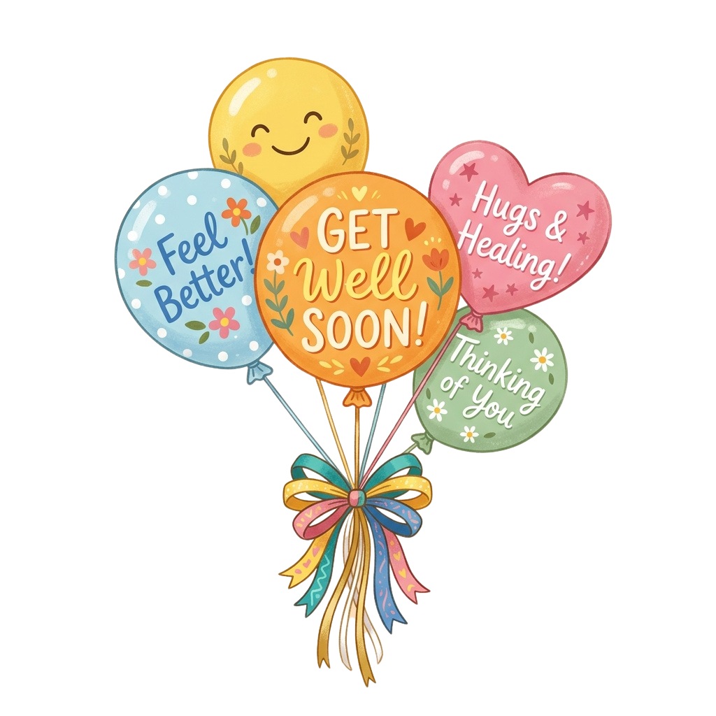 Colorful balloons with messages like Get Well Soon, Feel Better, Hugs & Healing, and Thinking of You tied with a decorative ribbon