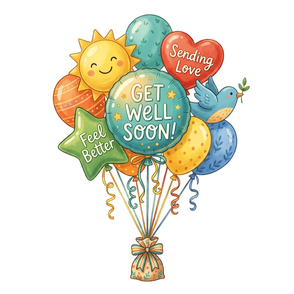 Colorful balloon bouquet with cheerful messages like Get Well Soon, Feel Better, and Sending Love, featuring a sun, birds, and stars
