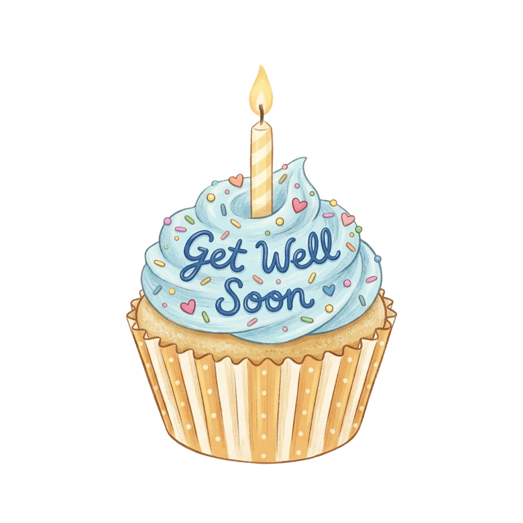 Cupcake with blue frosting, sprinkles, and a single lit candle, wishing someone to get well soon