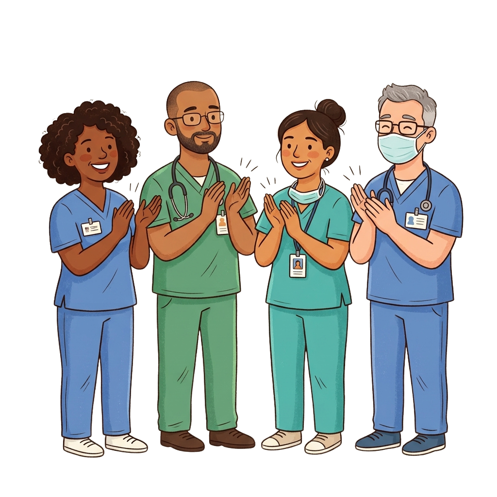 Four healthcare professionals clapping and smiling together in medical scrubs