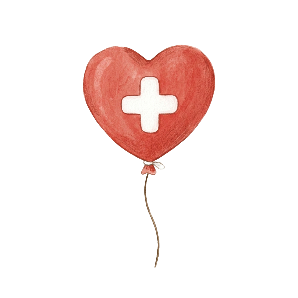 A red heart-shaped balloon with a white medical cross symbol floating against a black background