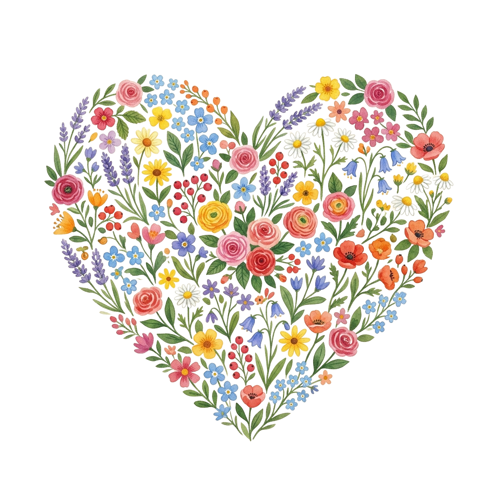 A heart shape filled with a variety of colorful flowers and greenery