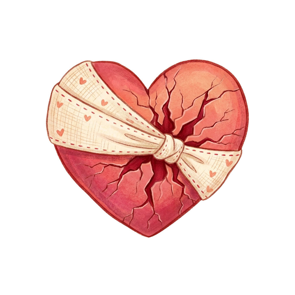 A stylized illustration of a cracked heart wrapped with a gift bow made of graph paper.