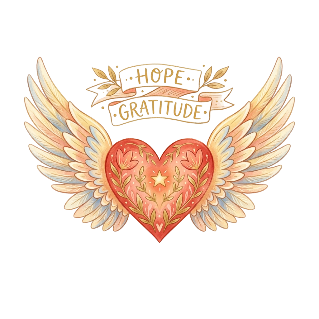 Illustration of a heart with wings and the words hope and gratitude above it