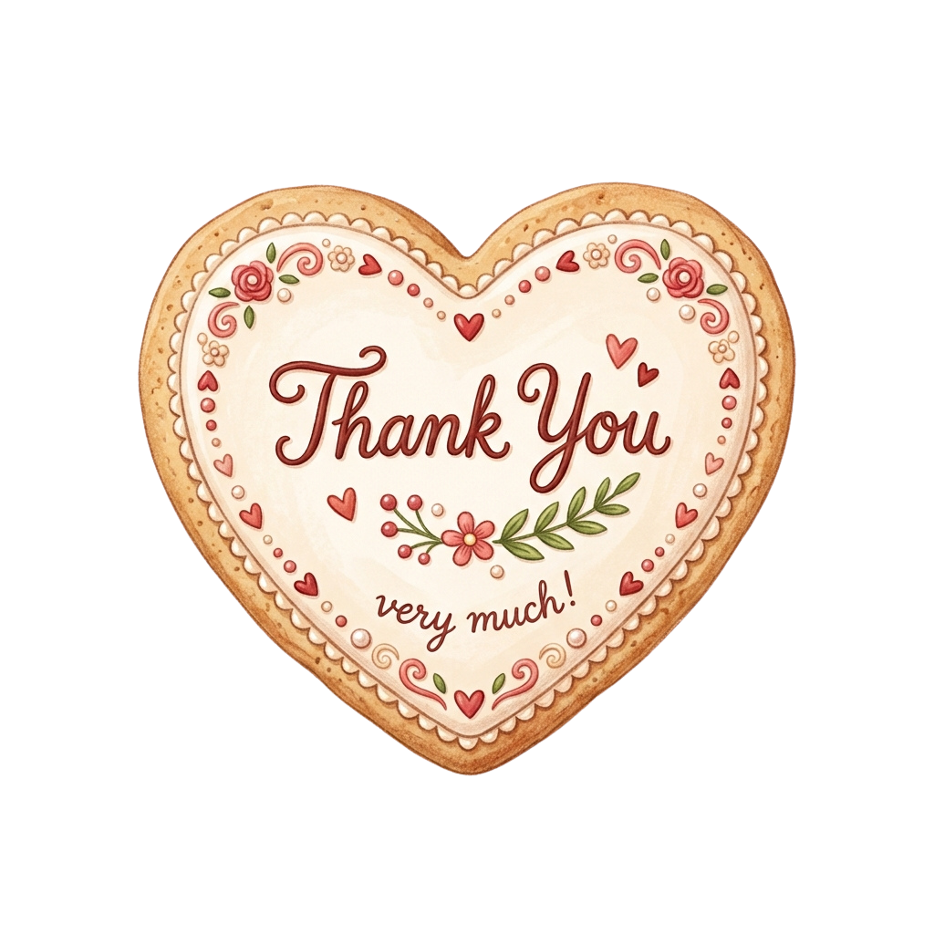 Heart-shaped cookie decorated with Thank You message and floral designs in pink and green