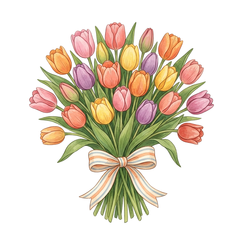 A vibrant bouquet of tulips in various colors tied with a decorative ribbon.