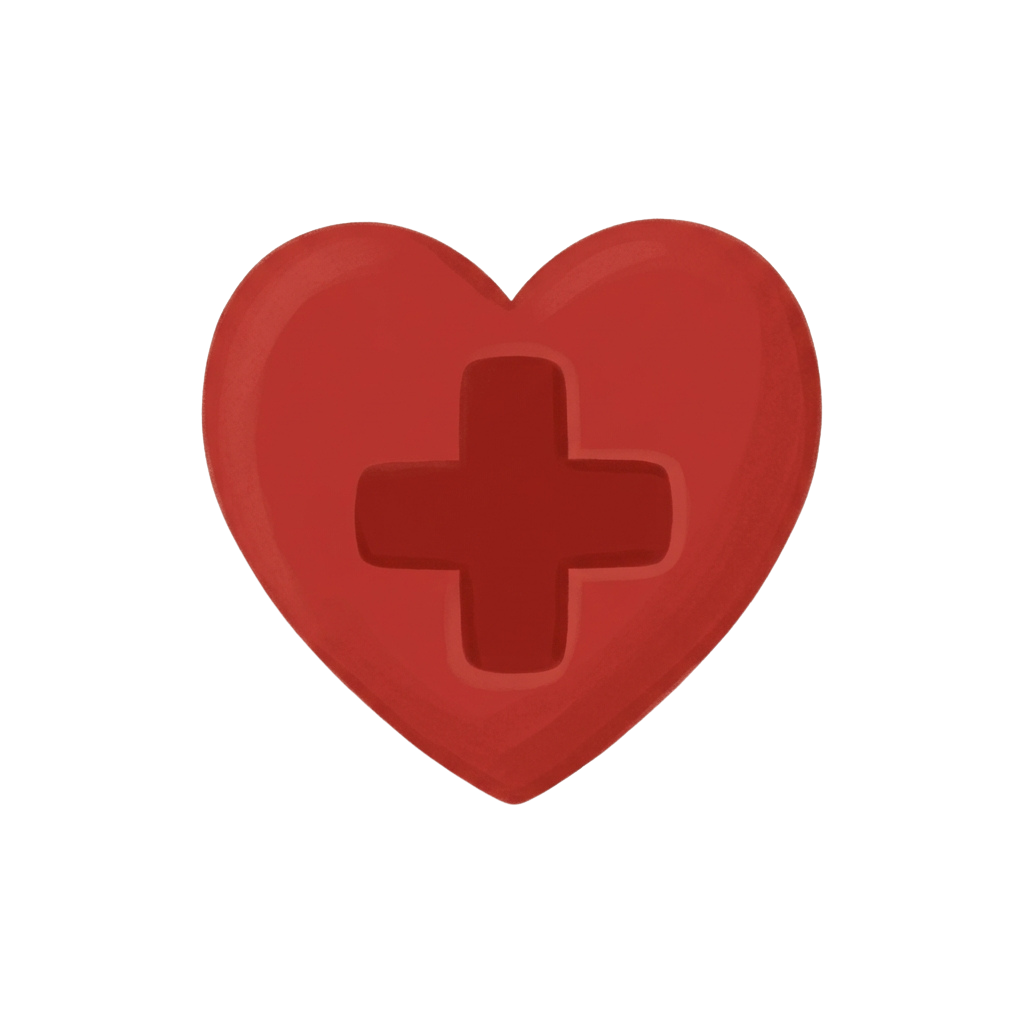 A heart-shaped red pill with a white cross symbol in the center