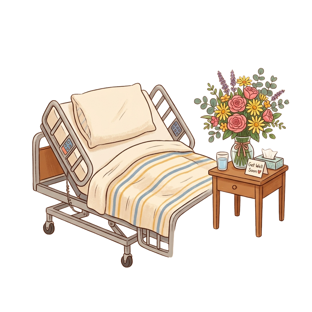 Hospital bed with striped bedding and pillows, small bedside table with flowers, water, tissues, and Get Well Soon sign
