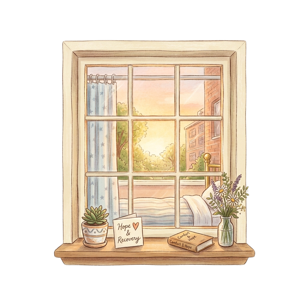 A cozy window sill with a potted plant, vase of flowers, book, and a sign reading Hope and Recovery.