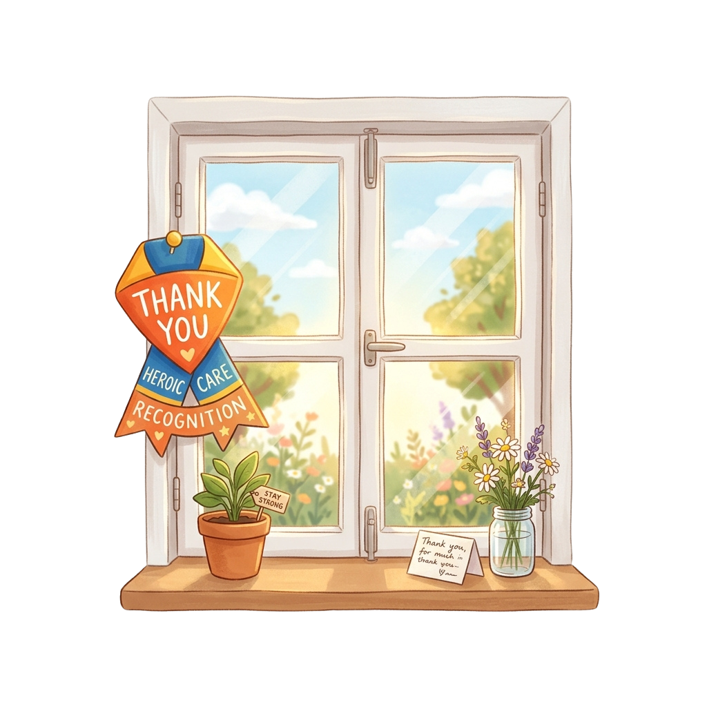 A window sill with a thank you ribbon, potted plant, flowers, and a small sign reading thank you for your care