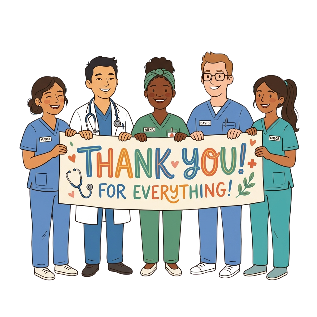 Five smiling healthcare workers holding a thank you banner with medical symbols