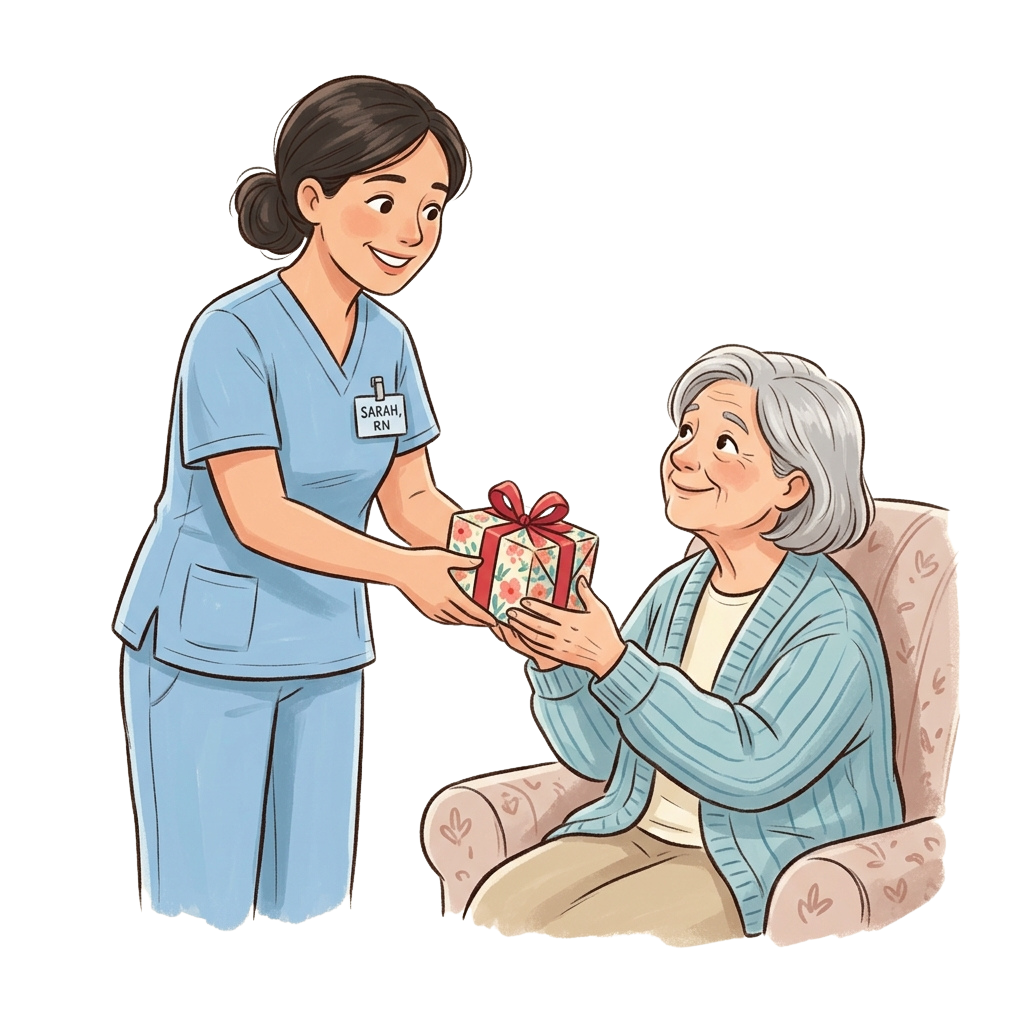 Smiling nurse in blue scrubs handing a wrapped gift to an elderly woman sitting on a chair