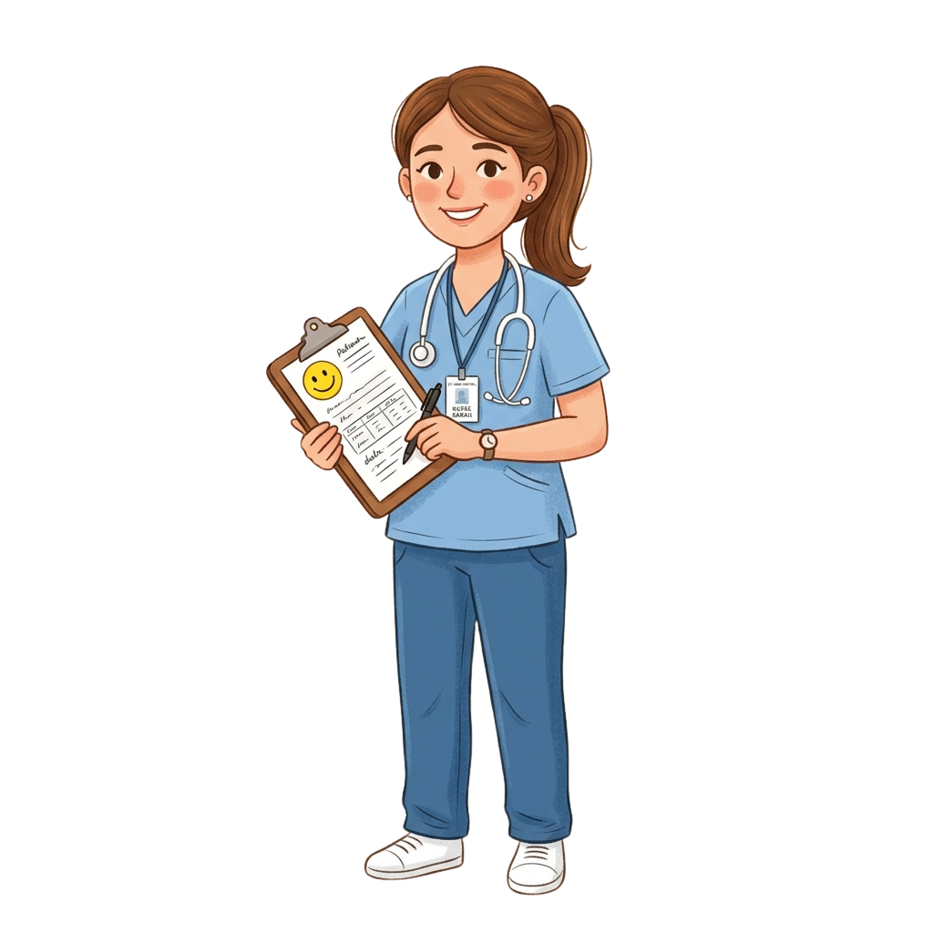 Smiling female nurse in blue scrubs holding a clipboard with a happy face sticker