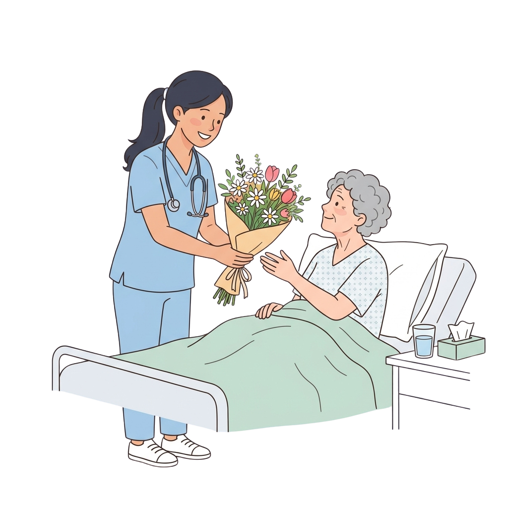 A nurse in scrubs smiling while handing a bouquet of flowers to an elderly woman lying in a hospital bed