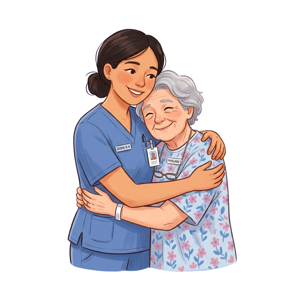 A nurse in blue scrubs hugging a smiling elderly woman in a floral-patterned gown.