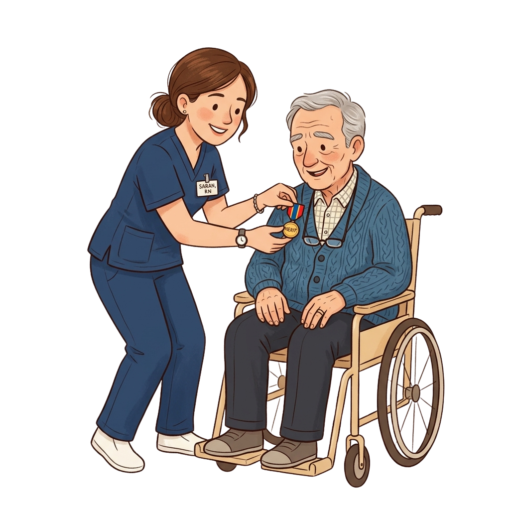 A nurse presents a medal to a smiling elderly man sitting in a wheelchair.
